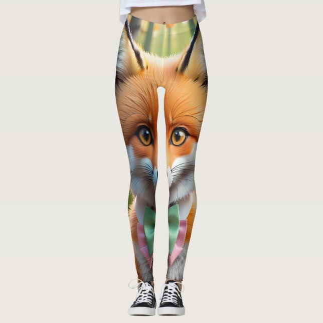 Cute Fox with a Green and Pink bow Leggings (Front)