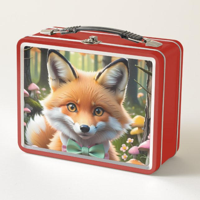 Cute Fox with a Green and Pink bow Metal Lunch Box (Front)