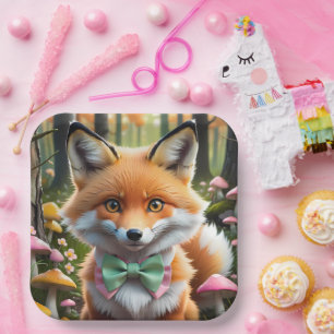 Cute Fox with a Green and Pink bow Paper Plate