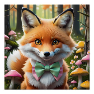 Cute Fox with a Green and Pink bow Poster