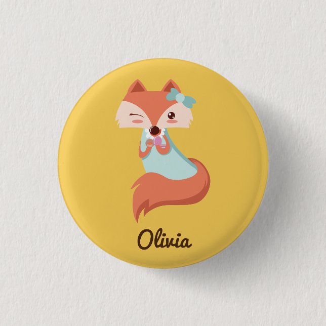 CUTE FOX WITH BLUE BOW  ADD YOUR NAME 3 CM ROUND BADGE (Front)