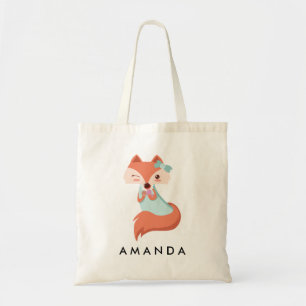 Cute FOX WITH BLUE BOW AND MIRROR Personalised Tote Bag