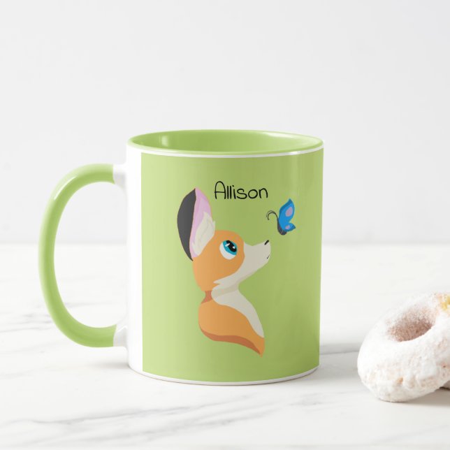 Cute Fox With Butterfly Cartoon and Name Mug (With Donut)