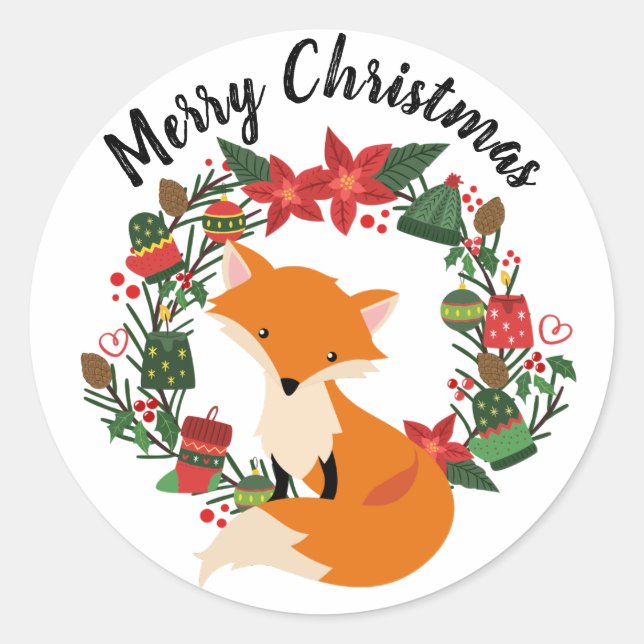 Cute Fox with Christmas Wreath Classic Round Sticker (Front)