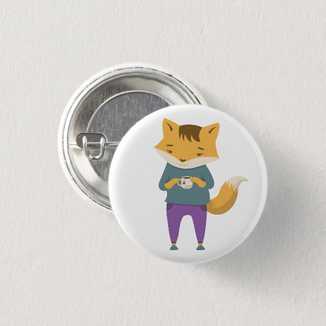 Cute fox with cup of tea 3 cm round badge (Front & Back)