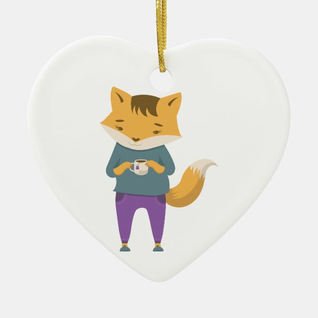 Cute fox with cup of tea ceramic tree decoration (Front)