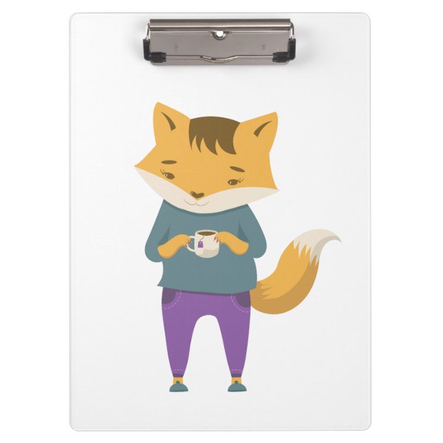 Cute fox with cup of tea clipboard (Front)