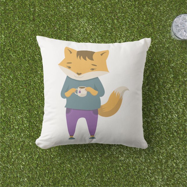 Cute fox with cup of tea cushion (Grass)
