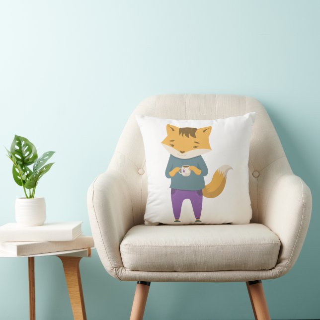 Cute fox with cup of tea cushion (Chair)