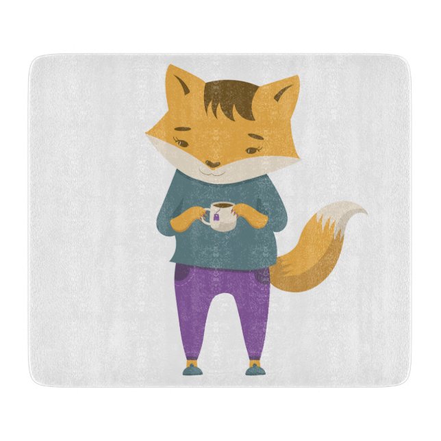 Cute fox with cup of tea cutting board (Front)