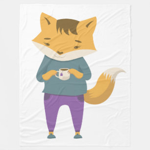 Cute fox with cup of tea fleece blanket