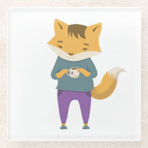 Cute fox with cup of tea glass coaster