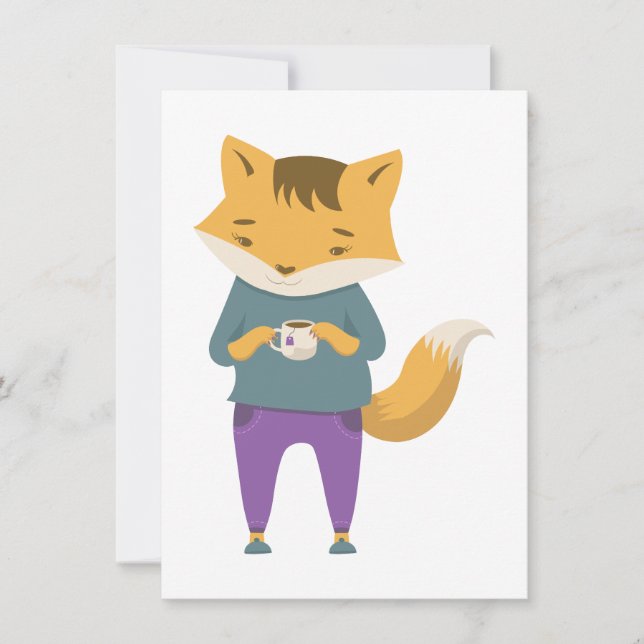 Cute fox with cup of tea holiday card (Front)