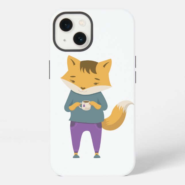 Cute fox with cup of tea iPhone case (Back)