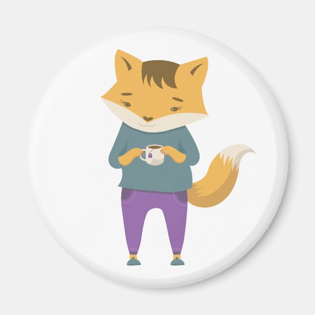 Cute fox with cup of tea magnet (Front)