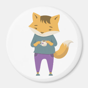 Cute fox with cup of tea magnet