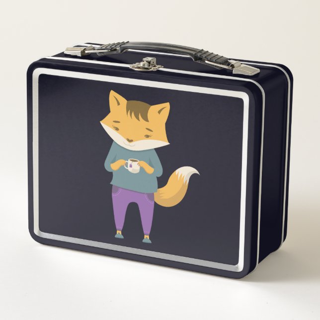 Cute fox with cup of tea metal lunch box (Front)