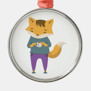 Cute fox with cup of tea metal tree decoration