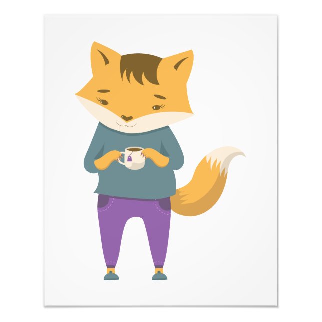 Cute fox with cup of tea photo print (Front)
