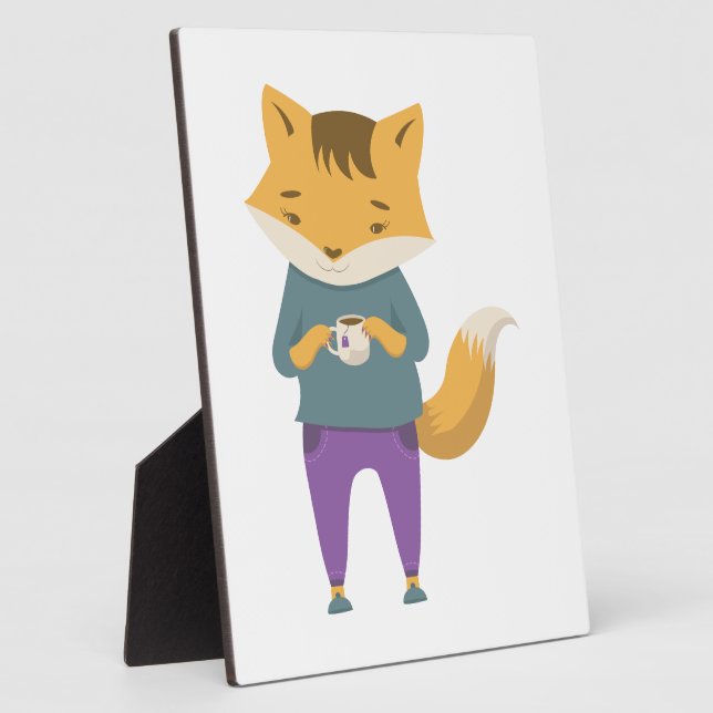 Cute fox with cup of tea plaque (Side)