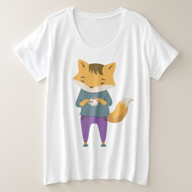 Cute fox with cup of tea plus size T-Shirt (Design Front)