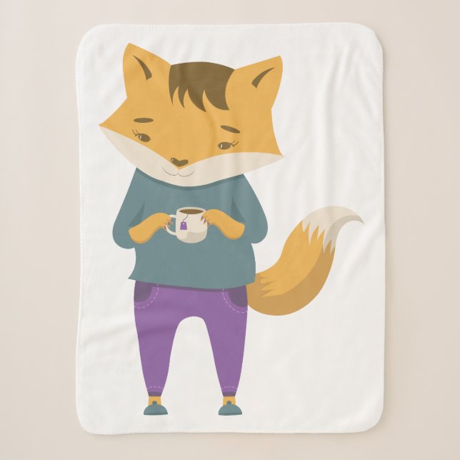 Cute fox with cup of tea sherpa blanket (Front)