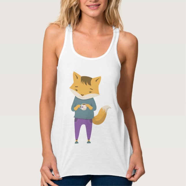 Cute fox with cup of tea singlet (Front)