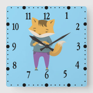 Cute fox with cup of tea square wall clock