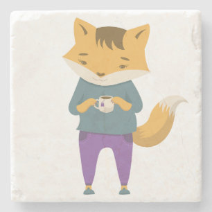 Cute fox with cup of tea stone coaster
