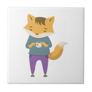 Cute fox with cup of tea tile