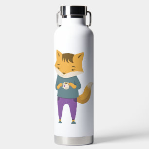 Cute fox with cup of tea water bottle