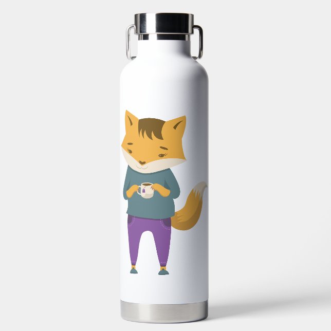 Cute fox with cup of tea water bottle (Front)