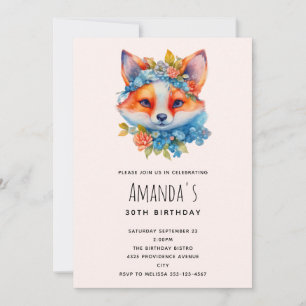 Cute Fox with Floral Crown Birthday Invitation