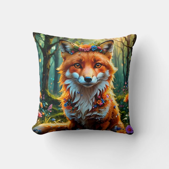 Cute Fox with Floral Crown Cushion (Front)