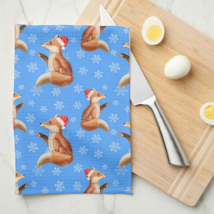 Cute Fox with Santa Hat Christmas Pattern Tea Towel
