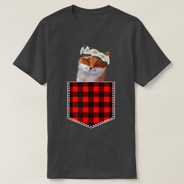Cute Fox With Sunflowers Peeking Out Of Pocket  T-Shirt (Design Front)