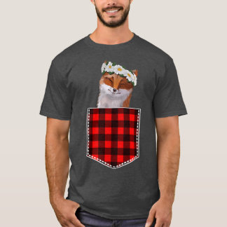 Cute Fox With Sunflowers Peeking Out Of Pocket T-Shirt