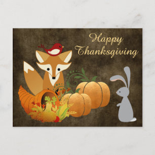 Cute Fox Woodland Animals Golden Thanksgiving Holiday Postcard