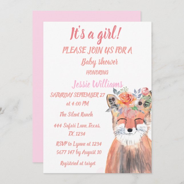 Cute Fox Woodland  Animals Pink Rustic Baby Girl I Invitation (Front/Back)