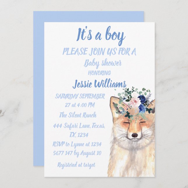 Cute Fox Woodland Animals Rustic Baby boy shower Invitation (Front/Back)