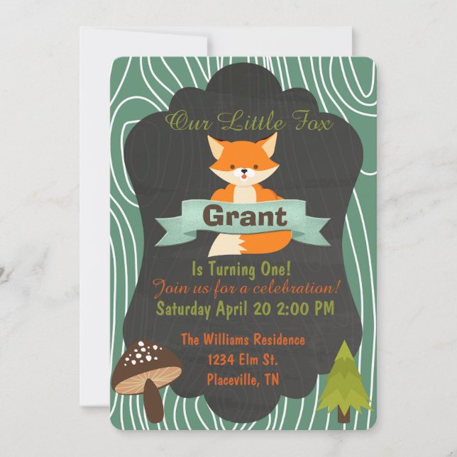 Cute Fox Woodland birthday party invitation (Front)