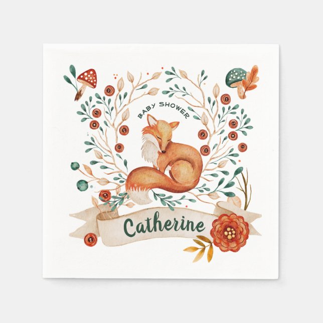 Cute fox woodland floral baby shower  napkin (Front)