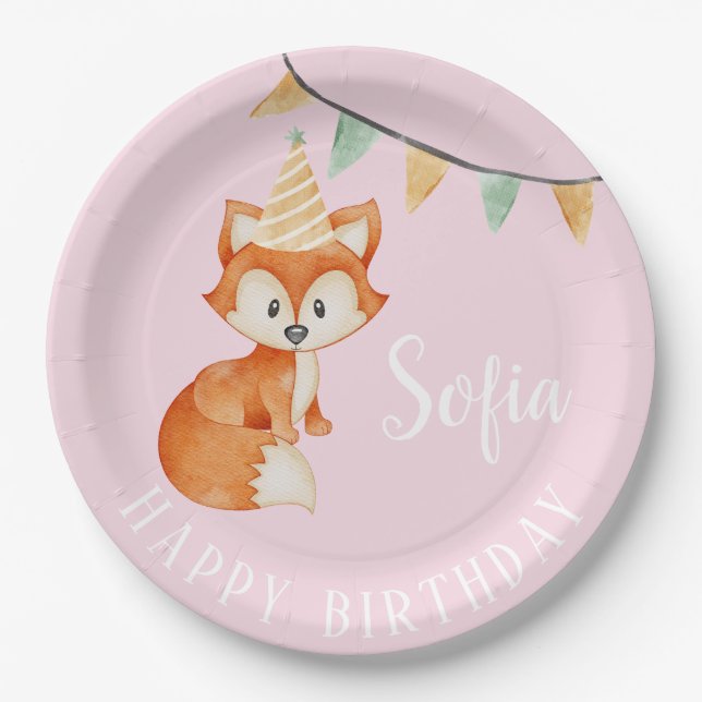 Cute Fox Woodland Happy Birthday pink Balloon Paper Plate (Front)