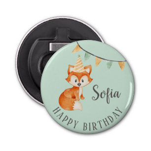 Cute Fox Woodland Party Hat Happy Birthday Mint Bottle Opener