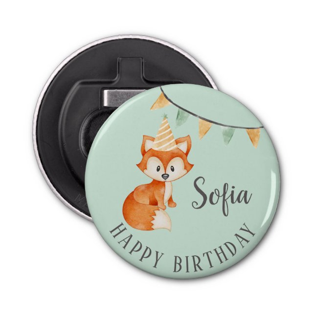 Cute Fox Woodland Party Hat Happy Birthday Mint Bottle Opener (Front)