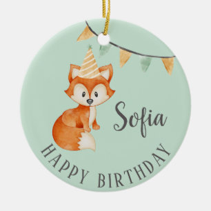 Cute Fox Woodland Party Hat Happy Birthday Mint Ceramic Tree Decoration