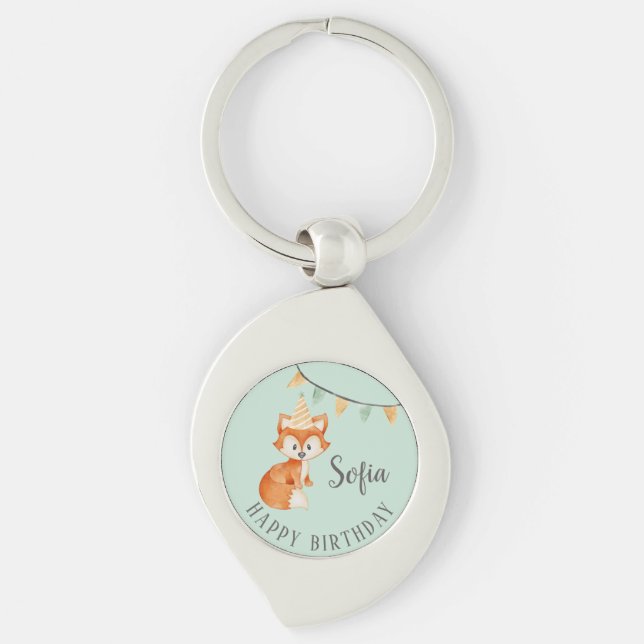 Cute Fox Woodland Party Hat Happy Birthday Mint Key Ring (Front)