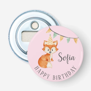 Cute Fox Woodland Party Hat Happy Birthday Pink Bottle Opener