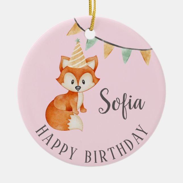 Cute Fox Woodland Party Hat Happy Birthday Pink Ceramic Tree Decoration (Front)