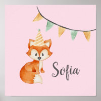 Cute Fox Woodland Party Hat Happy Birthday Pink